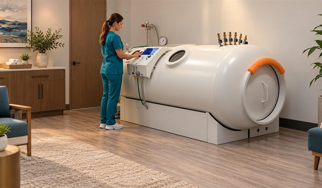 Illustration of a technician operating an ivory hyperbaric chamber with round windows and an orange door pad showing Hyperbaric Chamber Las Vegas.