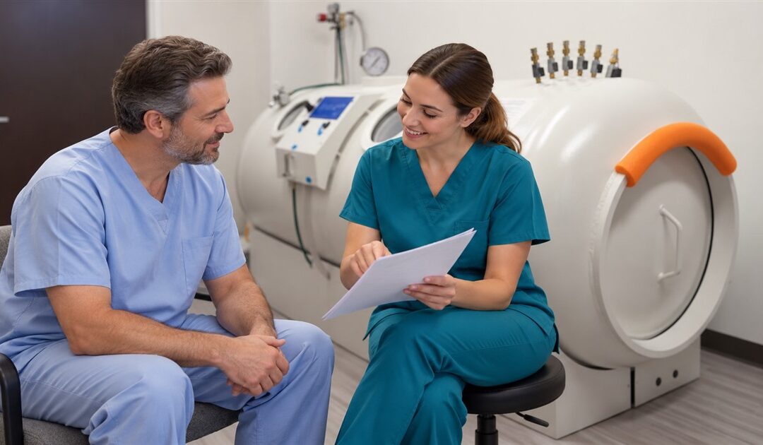 Illustration of a patient and technician reviewing hyperbaric chamber sessions and information beside an ivory hyperbaric chamber.